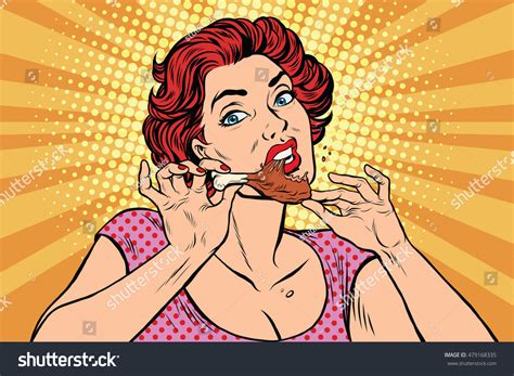 woman eating chicken leg pop art stock vector 479168335 shutterstock