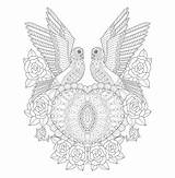 Coloring Heart Doves Drawn Roses Hand Adult Two sketch template