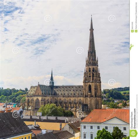 Linz Cityscape With New Cathedral Austria Stock Image