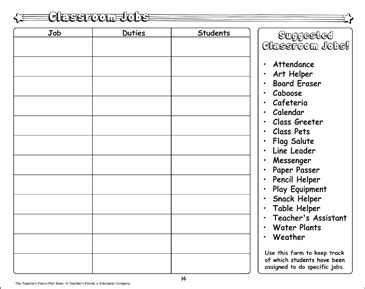 classroom jobs chart printable forms  record sheets