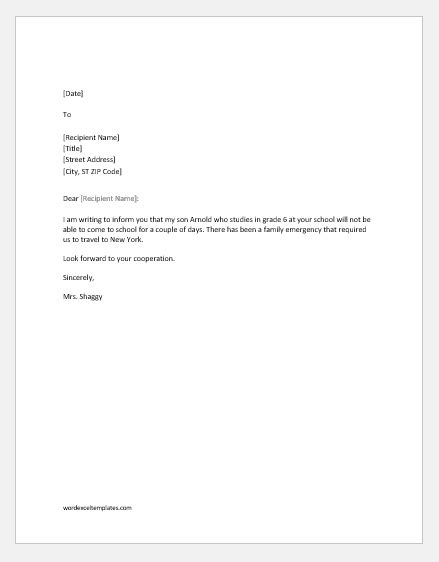 excuse letter   absent  work collection letter template