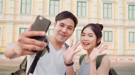 Asian Blogger Couple Travel In Bangkok Thailand Sweet Couple Using