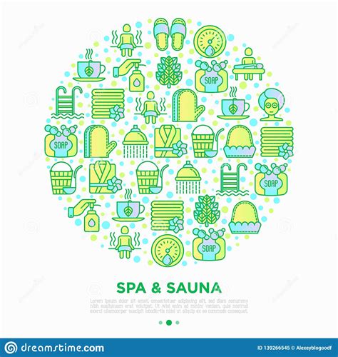 spa and sauna concept in circle with thin line icons massage oil towels steam room shower