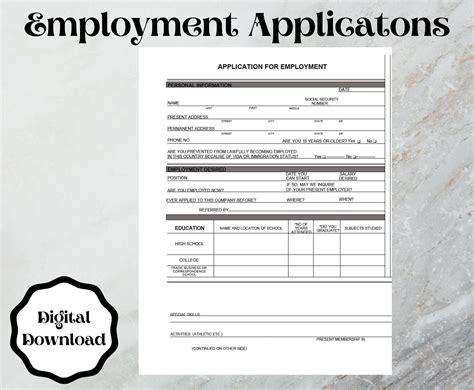 employment application form template word printable etsy