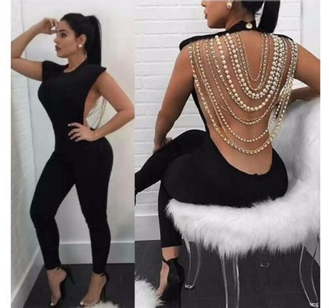 Top Quality Sexy Chain Black Bandage Jumpsuit 2018 Elegant Knitted