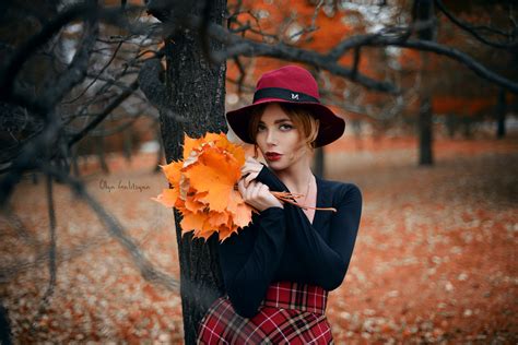 Wallpaper Fall Leaves Women Outdoors Redhead Model