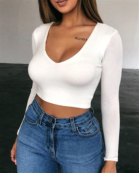 solid  cut long sleeve top  discover hottest trend fashion