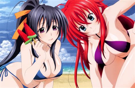 2girls beach bikini black hair blue eyes breasts cleavage