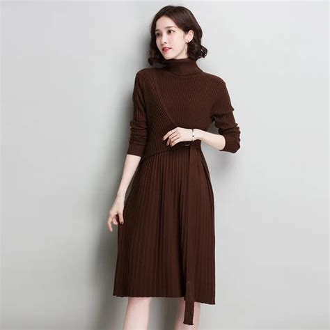 2017 new wool turtleneck sweater dress long loose loose knit autumn and