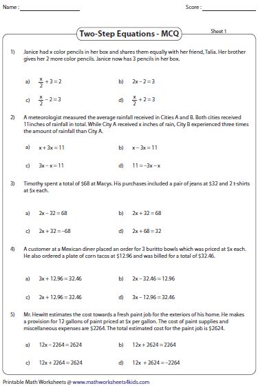 mcq  step equation word problems  step equations word