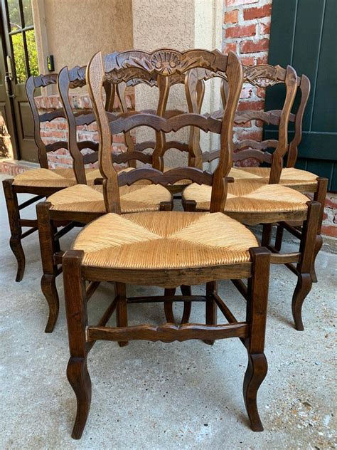 set   antique french carved dark oak ladder  dining chair rush