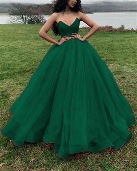 arrival prom dresses sweetheart strapless tulle hunter green ball gown  photo