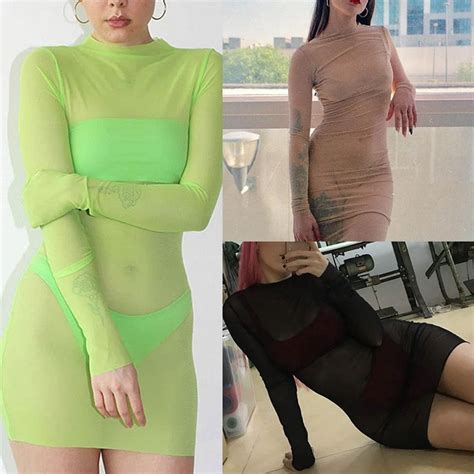 Women Perspective See Through Dress Mesh Sheer Fluorescent Color Long