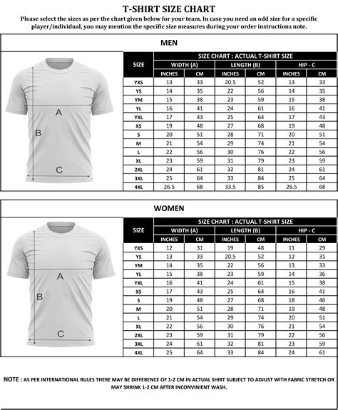 australian team wear size charts sports wear tailor