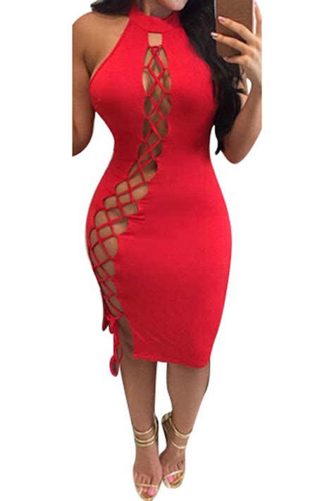 womens sexy lace up halter cut out midi clubwear dress red pink queen