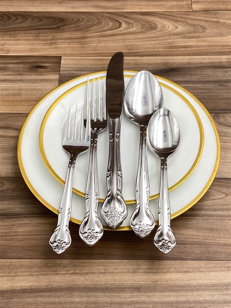 vintage stainless flatware set rose pattern service   classic