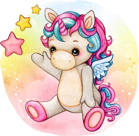 cute watercolor baby unicorn sitting   rainbow background stock