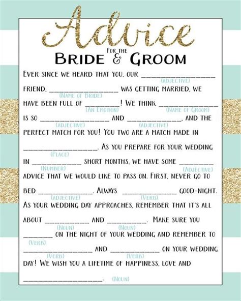 printable wedding mad lib shower game advice   bride etsy gold