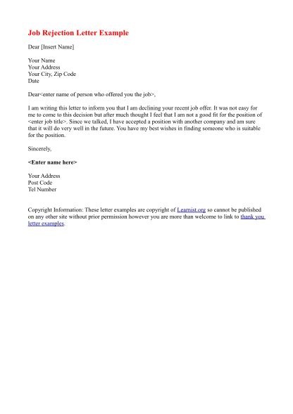 rejection letter sample page    edit  print