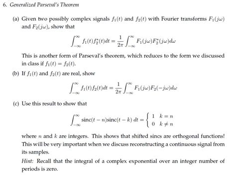 solved generalized parseval s theorem a given two possibly