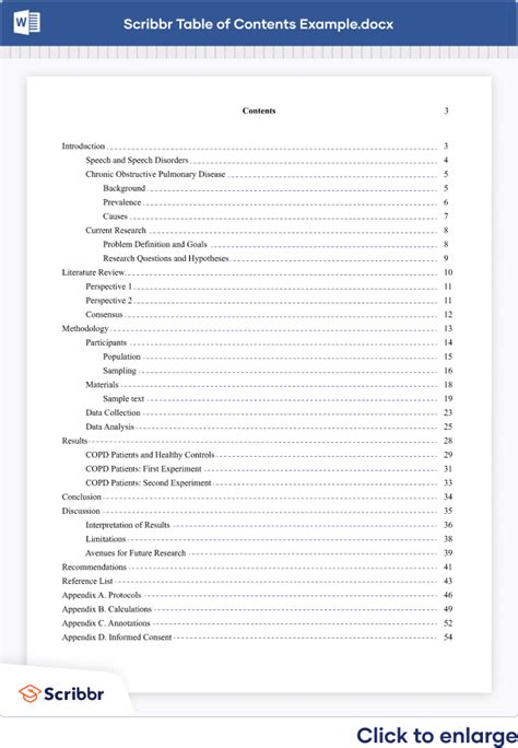 table  contents  word instructions examples   dissertation