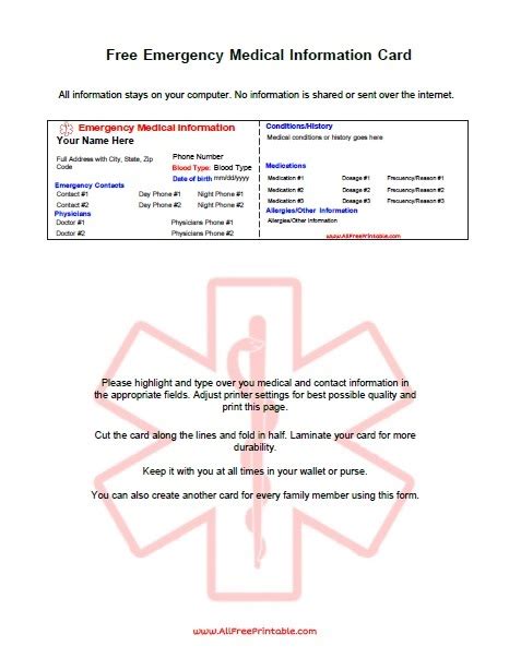 emergency medical information card  printable