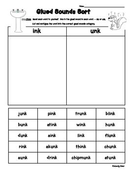 glued sounds ink  unk sorting activity spelling practice worksheet