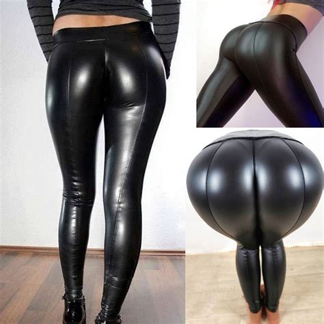 sexy black leather legging women ladies leather high waist