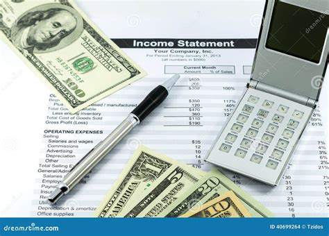 income statement report  calculator   usd money   stock photo image