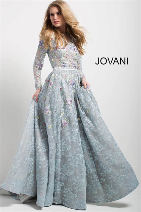 jovani  light blue lace embroidered floral gown