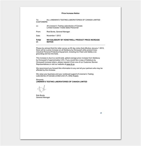 price rate increase letter format  sample letters