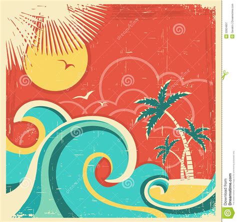 vintage tropical poster with island and palms vect royalty