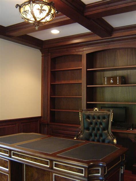 custom mahogany home office  wainscoting  beam