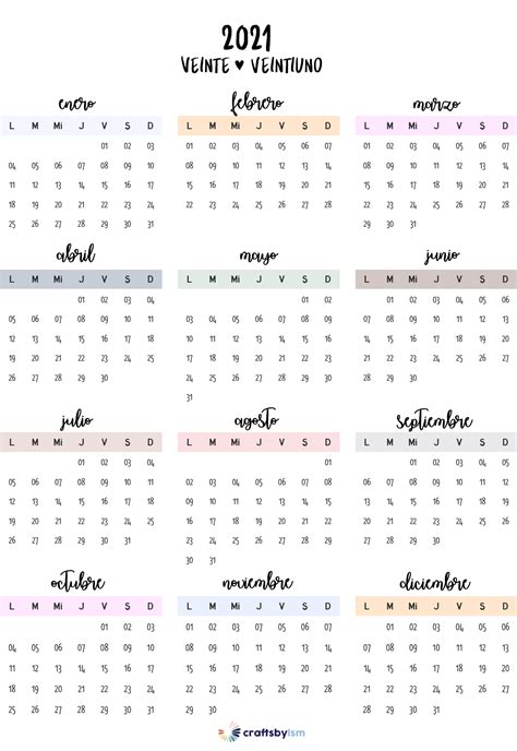 Calendario Anual 2021 Imprimible Gratis Plantilla De Calendario Para