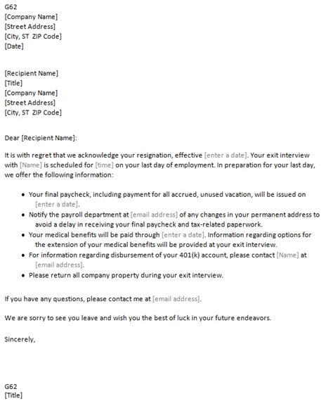 resignation acceptance letter template sample