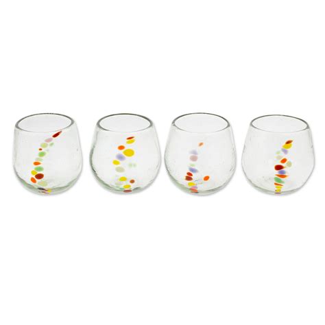 Unicef Market Hand Blown Recycled Colorful Dot Stemless Glasses Set