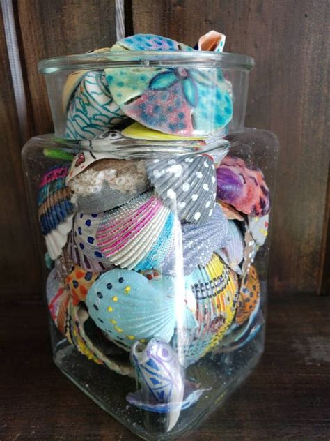 Glass Jar Full Of Hand Painted Sea Shells Beach House