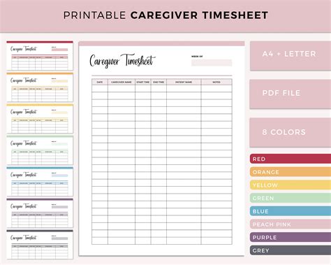 printable caregiver timesheet home health care time sheet etsy mexico
