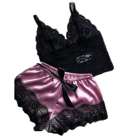 new sexy women ladies lingerie sleepwear 2pcs silk satin lace bra