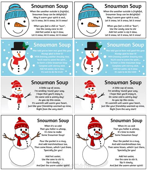 snowman soup recipe  poem printable gift tags