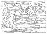 Coloring Sea Bushes Sailboats Tranquility Moun Seagulls Dolphins sketch template