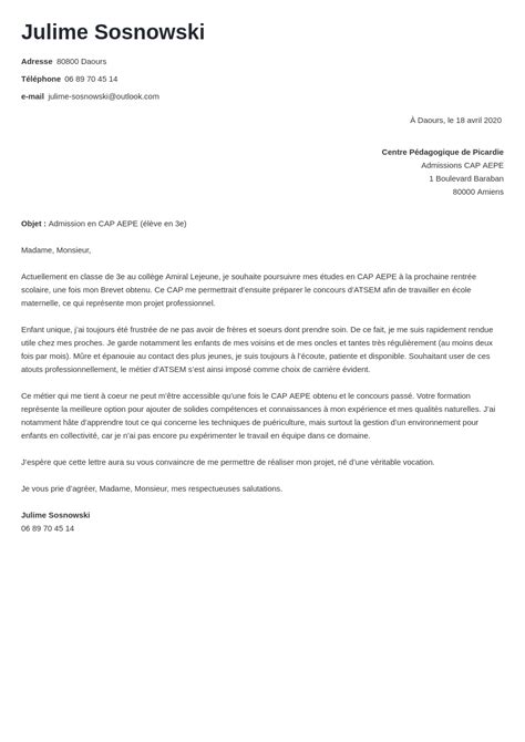 lettre de motivation cap petite enfance cap aepe modele