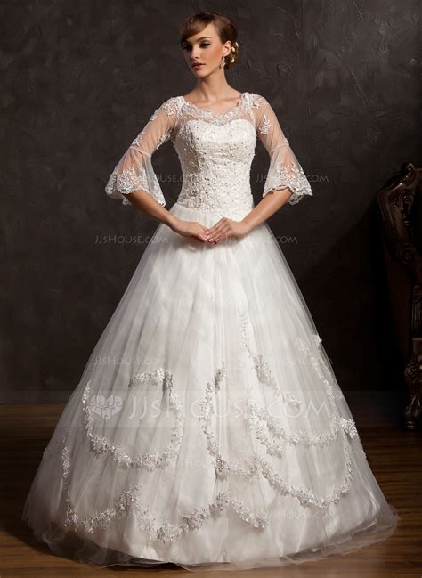 Ball Gown V Neck Floor Length Tulle Wedding Dress With Lace Beading