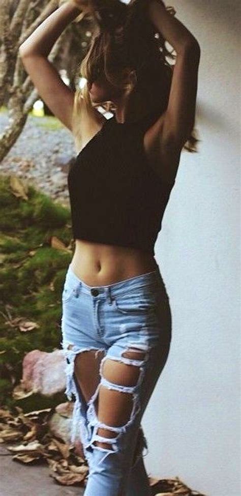 Summer Outfits Black Crop Destroyed Jeans