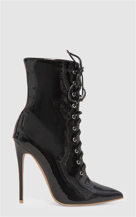 black vinyl lace up heeled boot prettylittlething usa