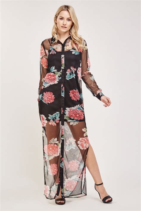 sheer floral maxi shirt dress