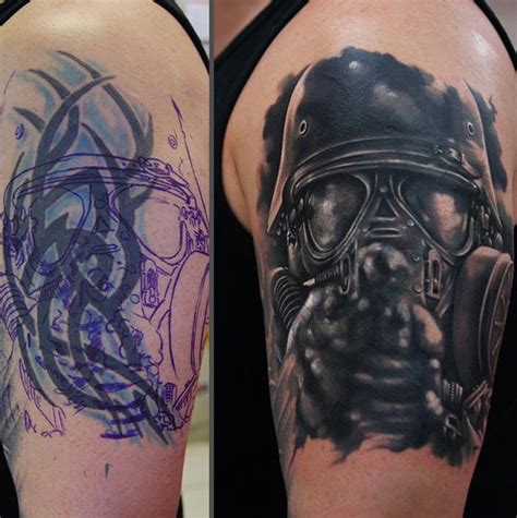 simple biochemical soldier cover up tattoo with colourful