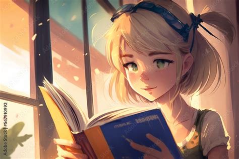 illustration  happy girl reading  book japanese anime  manga
