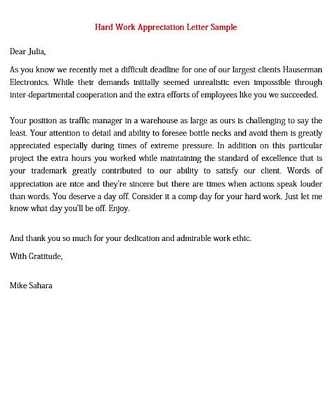 sample appreciation letter  employee  hard work  letter
