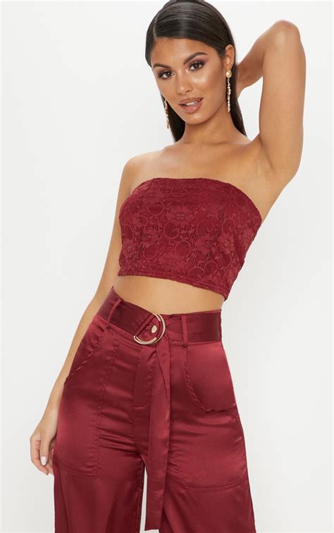Wine Lace Bandeau Crop Top Tops Prettylittlething